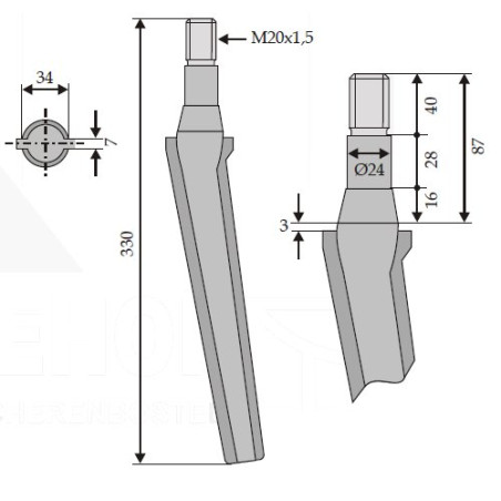Ząb brony aktywnej, L337 mm lewy/prawy, pasujący do Feraboli