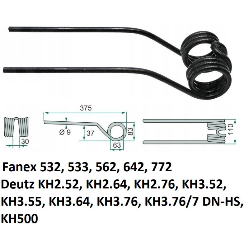 Palec zgrabiarki 375/104/51 fi10 mm, pasuje do Deutz-Fahr  (czarno-niebieski) 