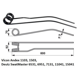 Palec, ząb zgrabiarki 600/95/50 fi9,0 mm, oryginał Deutz-Fahr VF1664059586 Deutz Fahr 9664059586000