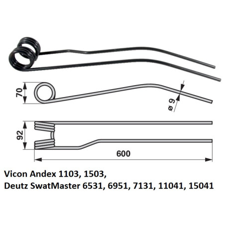 Palec, ząb zgrabiarki 600/95/50 fi9,0 mm, oryginał Deutz-Fahr VF1664059586 Deutz Fahr 9664059586000