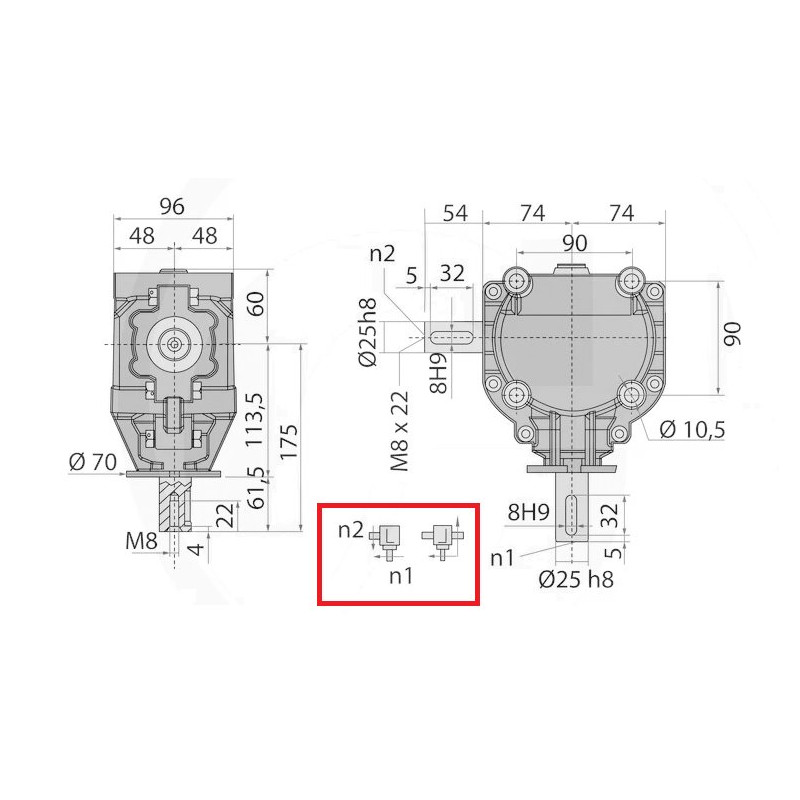 Przekładnia L 1:1 fi25mm/fi25mm GR