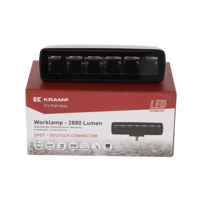 Lampa robocza LED, prostokątna 30W 2880lm 12/24V, biała, 157x49.7x60 mm światło skupione z wtyczką Deutsch, 6 LED