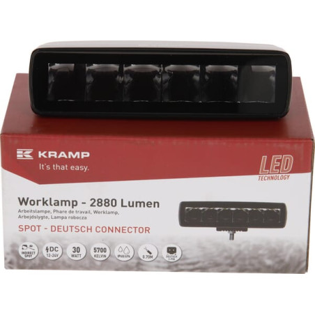 Lampa robocza LED, prostokątna 30W 2880lm 12/24V, biała, 157x49.7x60 mm światło skupione z wtyczką Deutsch, 6 LED