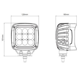 Lampa robocza LED, kwadratowa 45W 4050lm 12/24V, niebieska, 126x151x95 mm światło skupione z wtyczką Deutsch, 9 LED