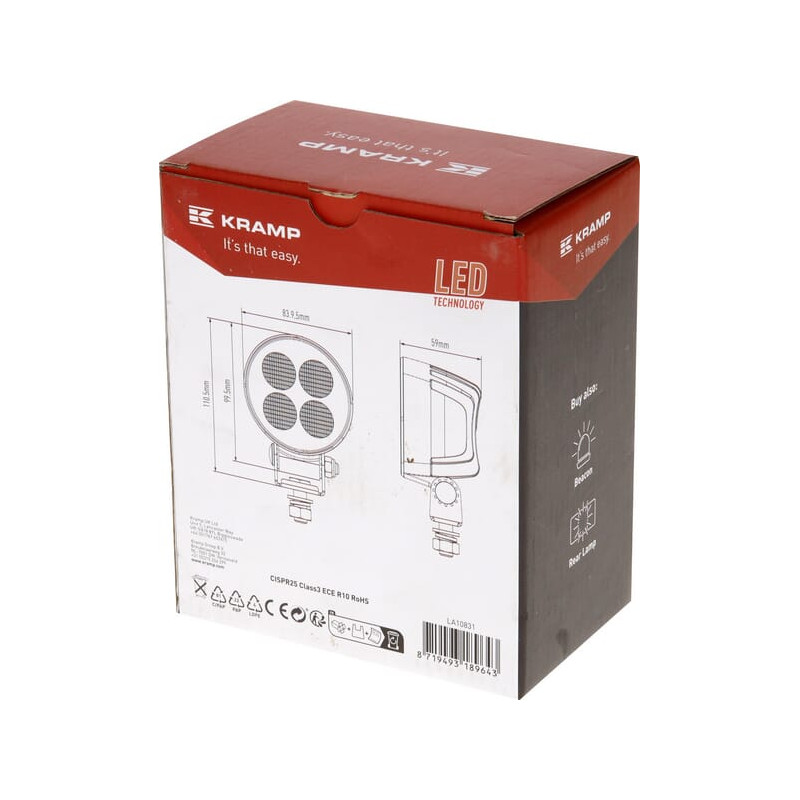 Lampa robocza LED, okrągła 24W 2556lm 12/24V, biała, 83.9x99.5x59 mm światło rozproszone z wtyczką Deutsch, 4 LED