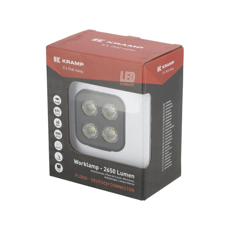 Lampa robocza LED, kwadratowa 40W 2650lm 12/24V, biała, 70.1x126.6x49.7 mm światło rozproszone z wtyczką Deutsch, 8 LED