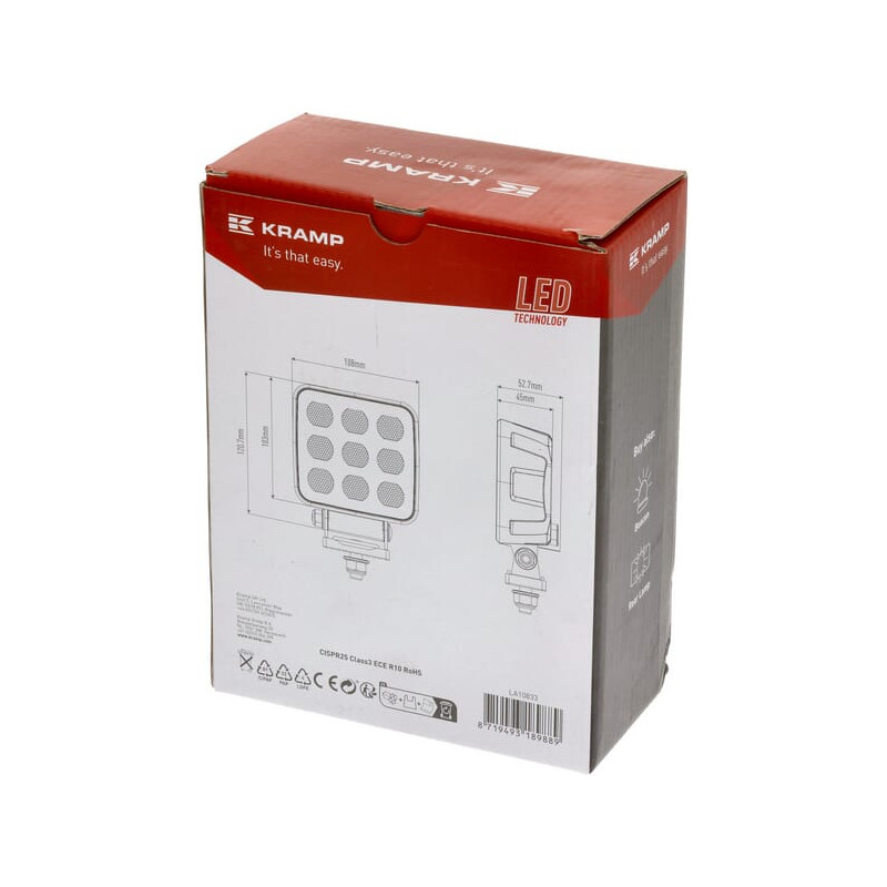 Lampa robocza LED, kwadratowa 90W 6800lm 12/24V, biała, 108x120.7x52.7 mm światło rozproszone z wtyczką Deutsch, 18 LED