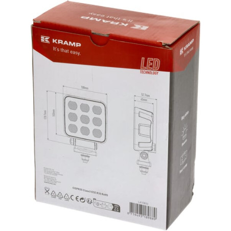 Lampa robocza LED, kwadratowa 90W 6800lm 12/24V, biała, 108x120.7x52.7 mm światło rozproszone z wtyczką Deutsch, 18 LED