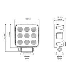 Lampa robocza LED, kwadratowa 90W 6800lm 12/24V, biała, 108x120.7x52.7 mm światło rozproszone z wtyczką Deutsch, 18 LED