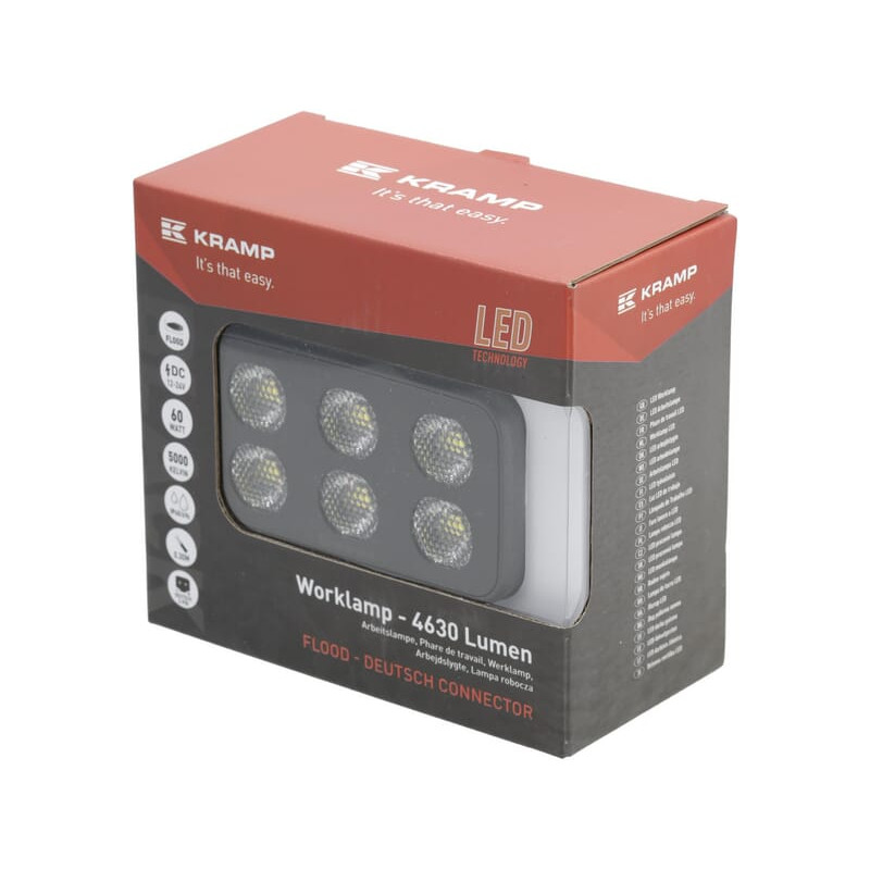 Lampa robocza LED, prostokątna 60W 4630lm 12/24V, biała, 115x65x47 mm światło rozproszone z wtyczką Deutsch, 12 LED