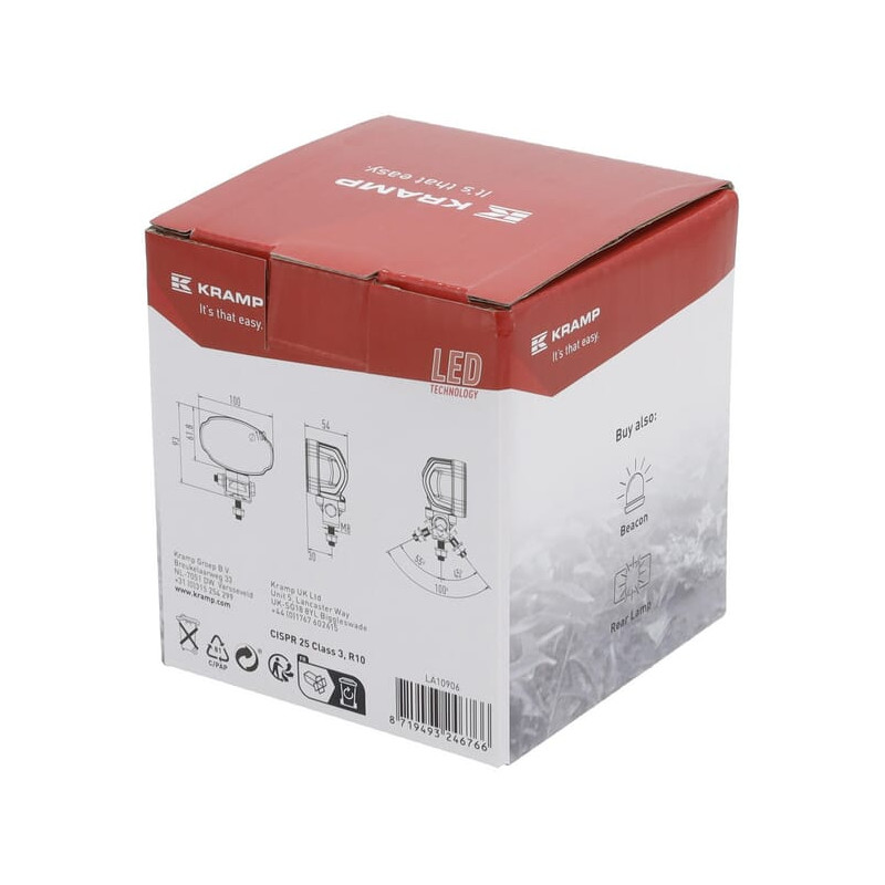 Lampa robocza LED, owalna 20W 3000lm, biała, 100x54x93 mm z wtyczką Deutsch 2-pin, światło rozproszone, Kramp (op. 10 szt.)