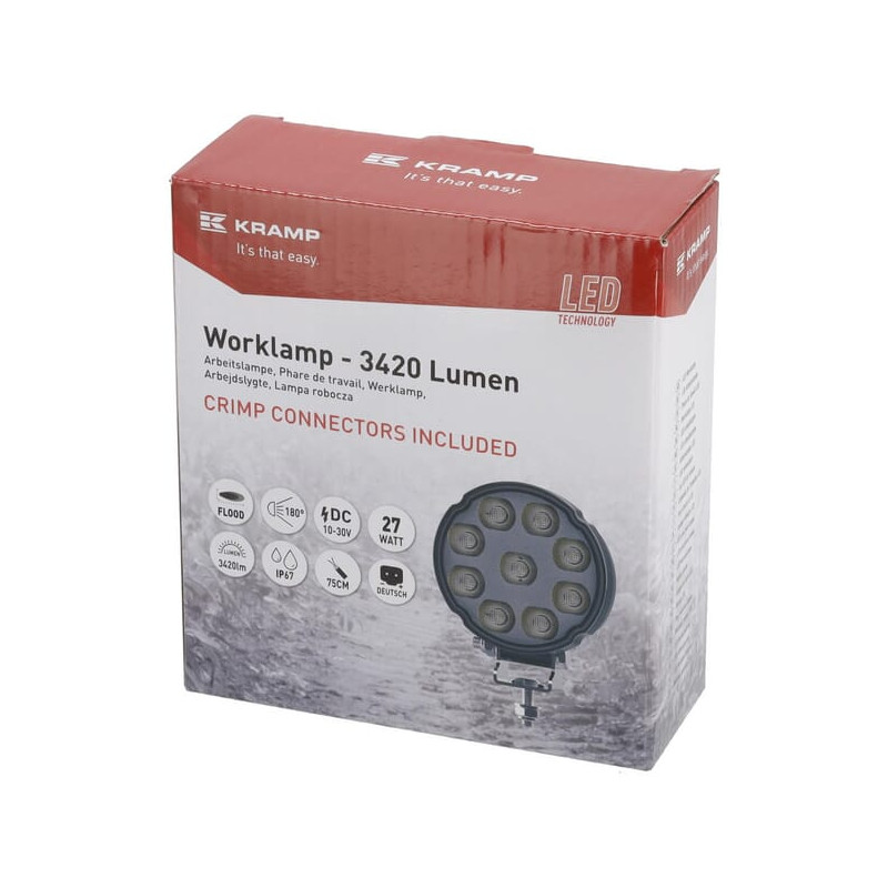 Lampa robocza LED, okrągła 27W 3420lm, biała, 100x48.5x120 mm z wtyczką Deutsch 2-pin, światło rozproszone, Kramp (op. 10 szt.)