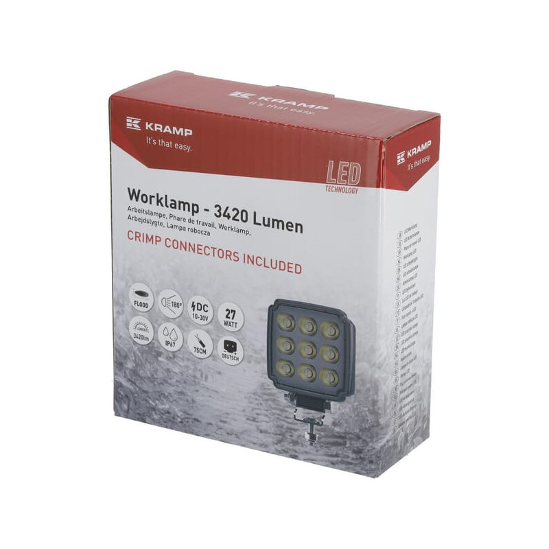 Lampa robocza LED, kwadratowa 27W 3420lm, biała, 96.5x48.5x124.5 mm z wtyczką Deutsch 2-pin, światło rozproszone, Kramp