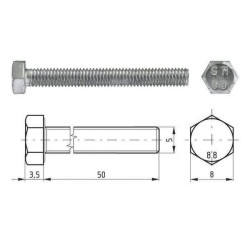 Śruba M5x50 kl.8.8, SW8 cały gwint, ocynk (szt) M5x0,80x50