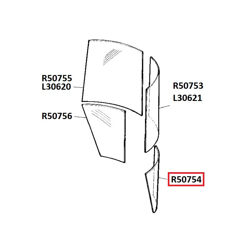 Szyba John Deere przednia dolna prawa,  L62576, R50754