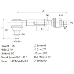 Drążek kierowniczy stożek-16,2/17,5  L-215mm, M16x1,5R Agrokid 35 -  00087720430