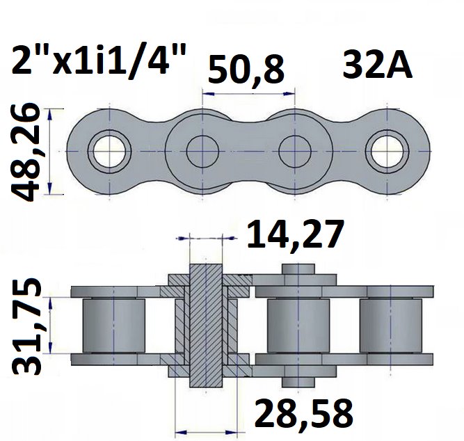 Łańcuch rolkowy typu 32A z podziałką 2"x1i1/4"