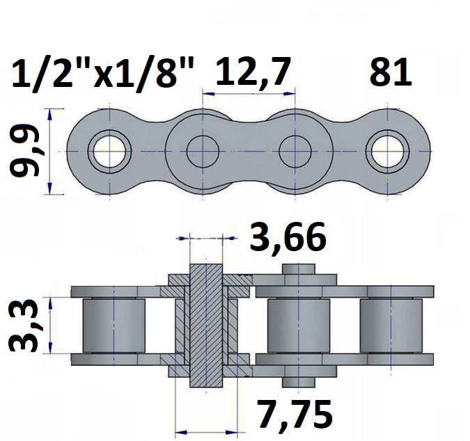 Łańcuch rolkowy typu 81 z podziałką 1/2"x1,8"