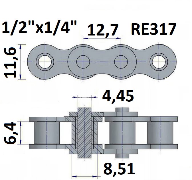 Łańcuch rolkowy typu RE317 z podziałką 1/2"x1/4"