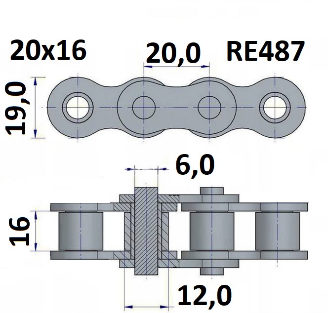 Łańcuch rolkowy typu RE487 z podziałką 20x16
