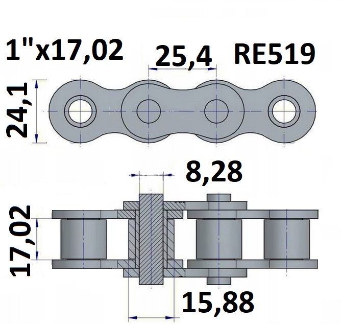 Łańcuch rolkowy typu RE519 z podziałką 1"x17,02