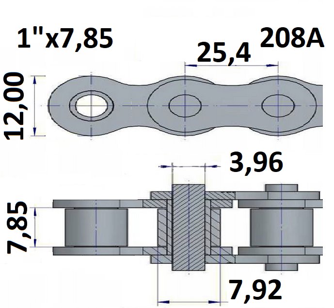 Łańcuchy rolkowe wydłużone typu 208A z podziałką 1"x7,85