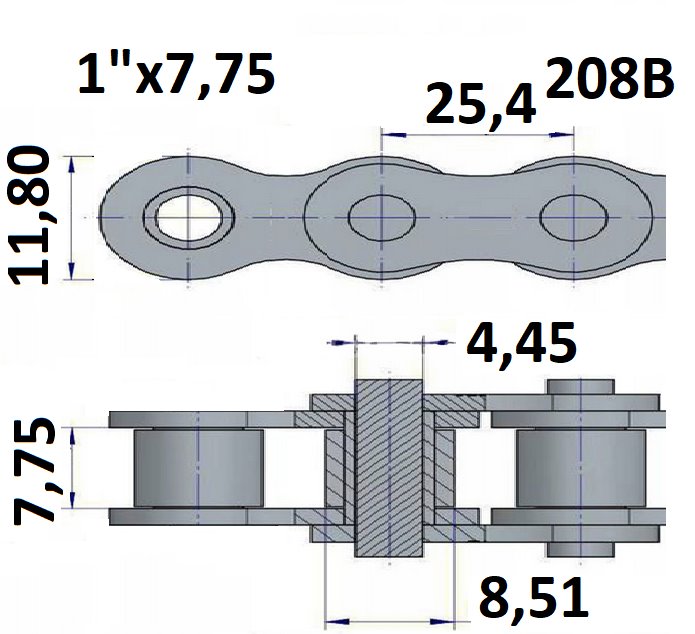 Łańcuchy rolkowe wydłużone typu 208B z podziałką 1"x7,75