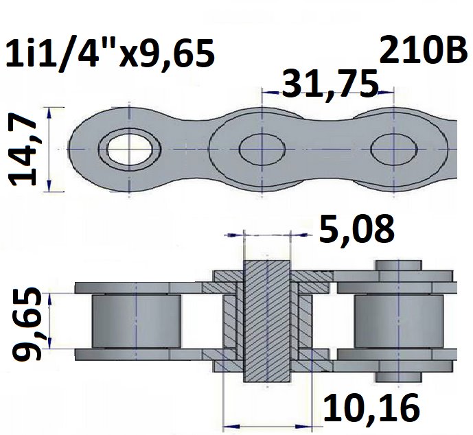 Łańcuchy rolkowe wydłużone typu 210B z podziałką 1i1/4"x9,65