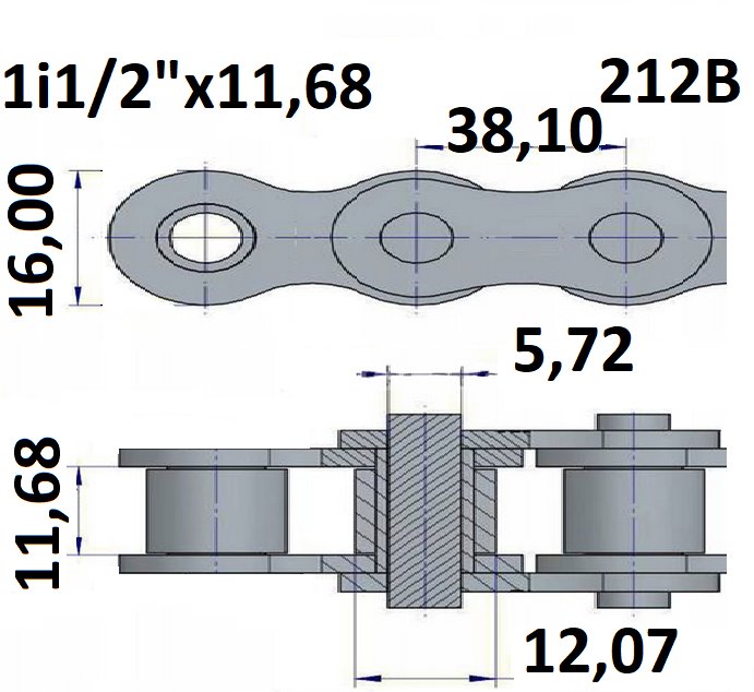 Łańcuchy rolkowe wydłużone typu 212B z podziałką 1i1/2"x11,68