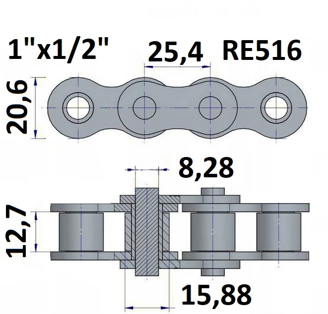 Łańcuch rolkowy typu RE516 z podziałką 1"x1/2"